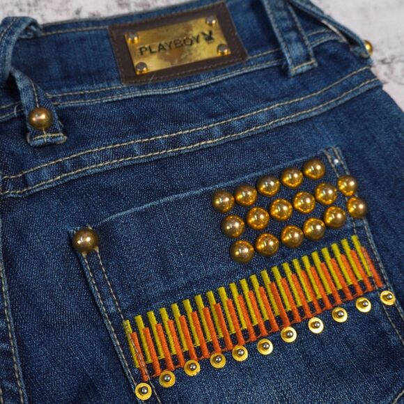 Vintage Playboy Gold Studded Low Rise Skinny Jeans Ruched Rare – Women’s 9/10 - Picture 4 of 14